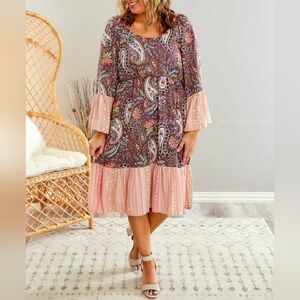 Haptics Pink & Brown Boho Paisley/Floral Print Dress Size L